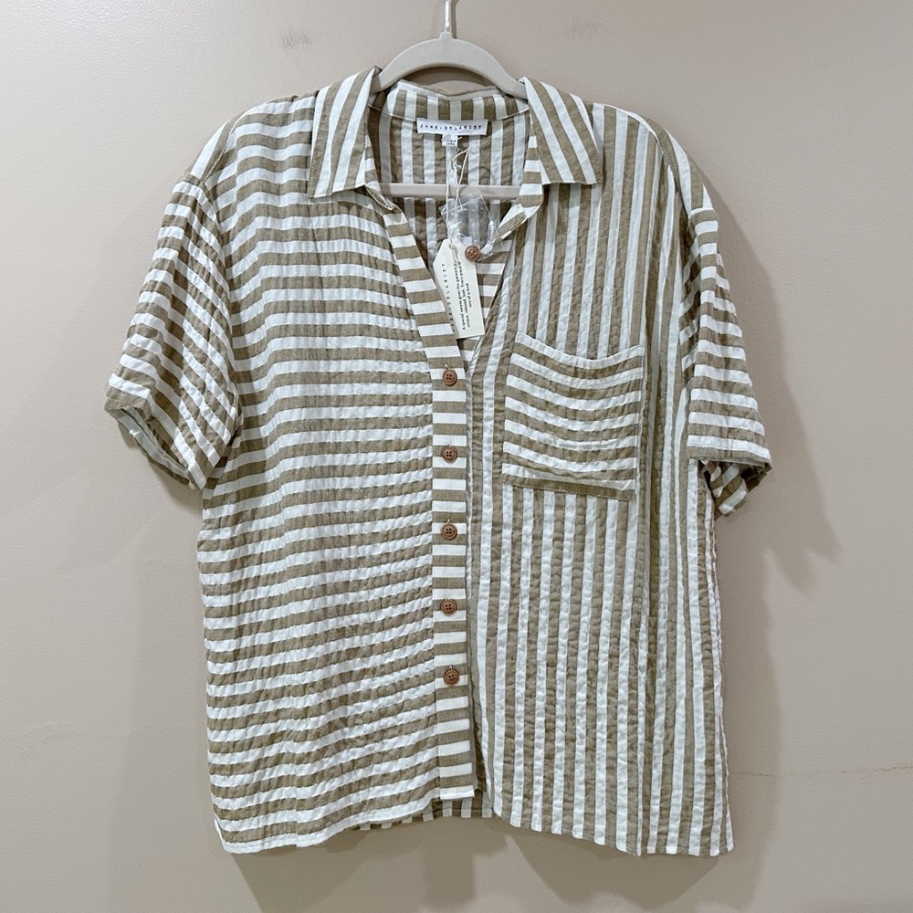Jane And Delancey Boxy Top Brown White  Women L Shirt Short Sleeve Striped New